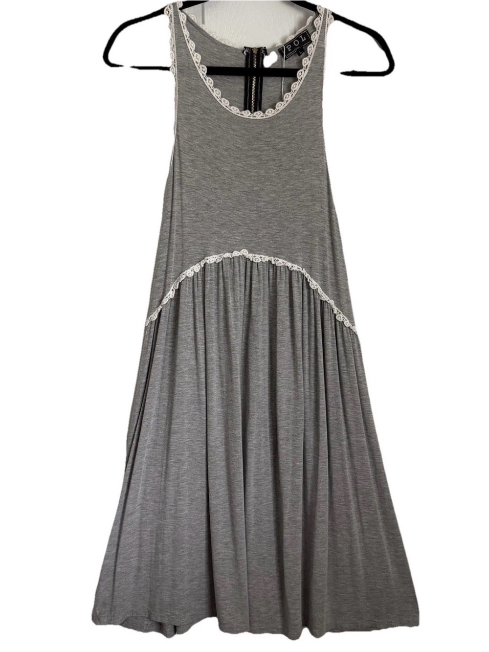 POL Dress Womens L Lace Trim Scoop Neck Trapeze Swing Knee Length Zip Back Boho